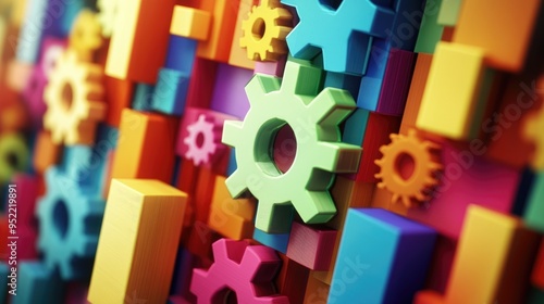 Colorful gears and blocks in an abstract arrangement.