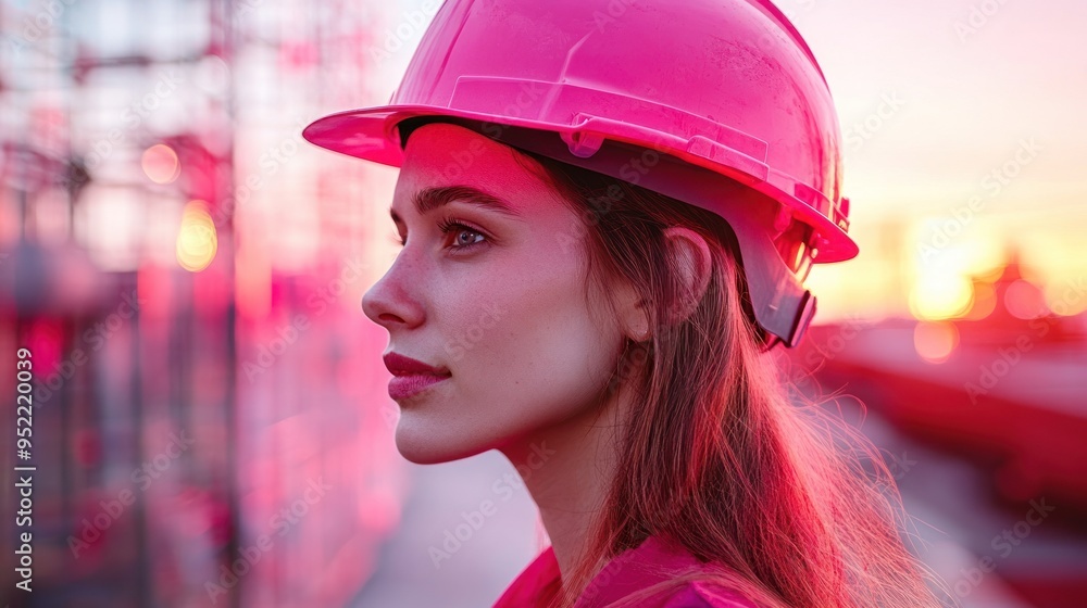 A young woman in a safety helmet reflects on her day as the sun sets, casting vibrant hues in the sky A young woman in a safety helmet reflects on her day as the sun sets, casting vibrant hues in the sky