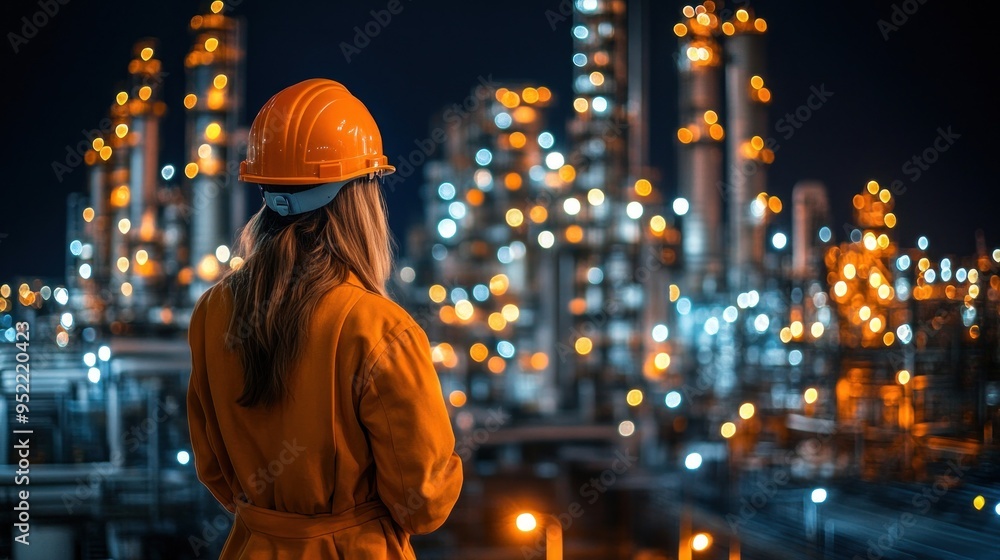 A worker in protective gear gazes at a refinery's lights at night, contemplating their role A worker in protective gear gazes at a refinery's lights at night, contemplating their role