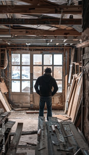 Man Reflecting in Rustic Workshop Amidst Unfinished Woodwork Projects - Sense of Lost Craftsmanship