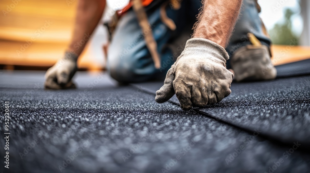 Worker Installing Asphalt Shingles on New Home Roof Under Construction Worker Installing Asphalt Shingles on New Home Roof Under Construction