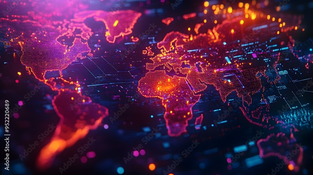 Obraz premium Vibrant Global Connectivity A Futuristic Data Driven World Map Visualization