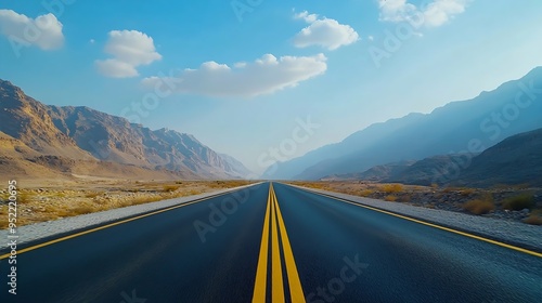 Empty perfect highway road in the Hajar Mountains landscape  the North Emirates UAE : Generative AI photo