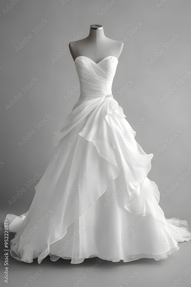 White wedding dress isolated on light grey background White wedding dress isolated on light grey background