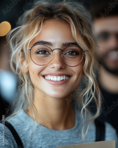 A young woman with a bright smile and glasses enjoys a lively atmosphere in a cozy café, radiating happiness and warmth