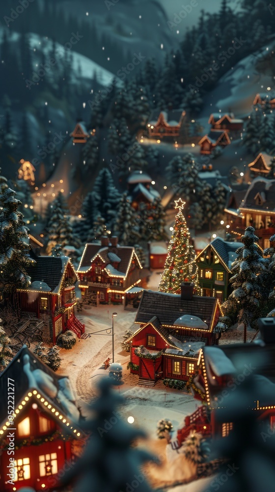 Fototapeta premium A small town with houses lit up for Christmas