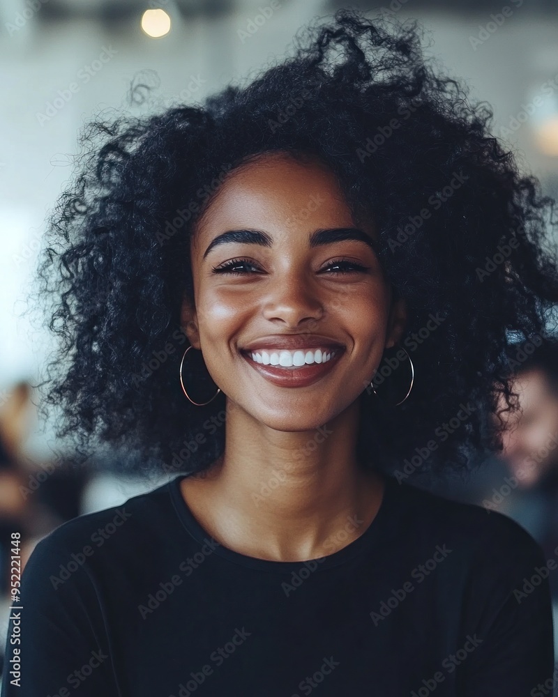 A woman with beautiful curly hair beams with joy while enjoying the lively atmosphere of a café A woman with beautiful curly hair beams with joy while enjoying the lively atmosphere of a café