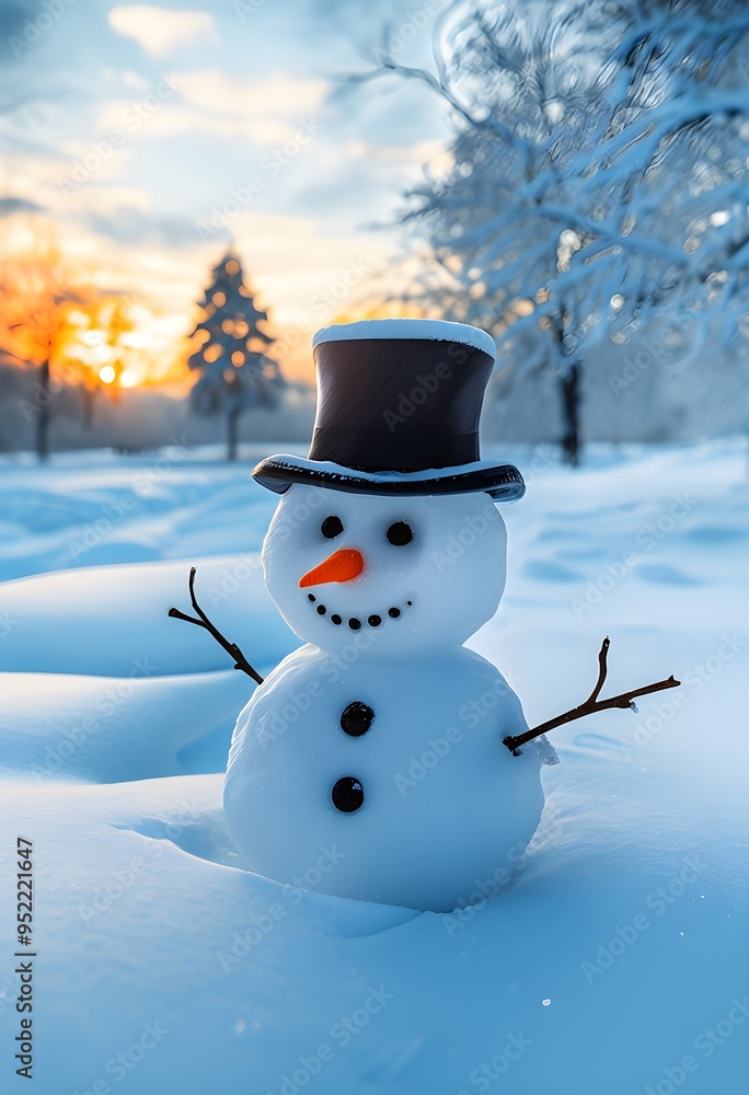Obraz premium Snowman in an idyllic winter landscape with snow-covered trees in background