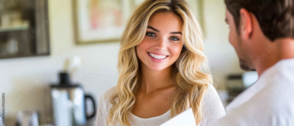 Fototapeta premium A young woman smiles brightly while chatting with a man in a warm and inviting kitchen setting