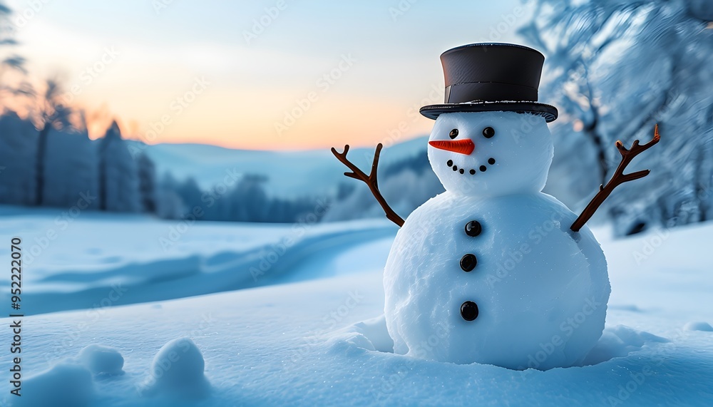 Obraz premium Snowman in an idyllic winter landscape with snow-covered trees in background