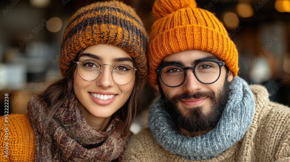 Two friends share a warm moment in cozy sweaters and beanies at a welcoming café Two friends share a warm moment in cozy sweaters and beanies at a welcoming café