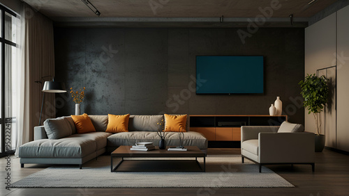 Loft interior design of a modern living room with a TV.