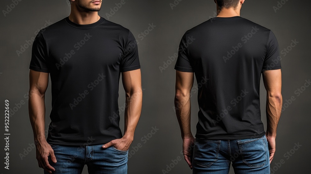 A model presents a sleek black t-shirt from both front and back perspectives, highlighting its modern design and fit A model presents a sleek black t-shirt from both front and back perspectives, highlighting its modern design and fit