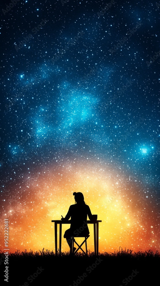 Obraz premium A silhouette of a person sitting at a desk, gazing at a starry night sky filled with vibrant colors and cosmic beauty.