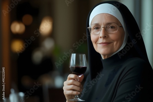 Mother superior catholic nun drinking red wine in a bar. Wearing a habit and glasses looking happy. photo