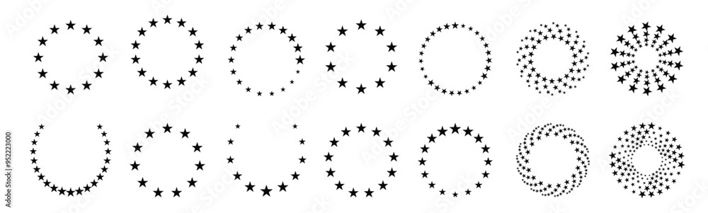 Star circles. Round seal stamp border with stars, vintage circular five pointed star badge, premium quality and warranty emblem. Isolated vector set Star circles. Round seal stamp border with stars, vintage circular five pointed star badge, premium quality and warranty emblem. Isolated vector set