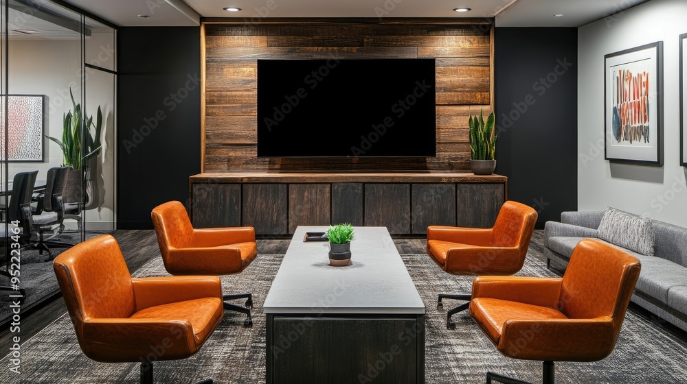 Spacious Meeting Room with Large TV Display and Relaxing Seating Spacious Meeting Room with Large TV Display and Relaxing Seating
