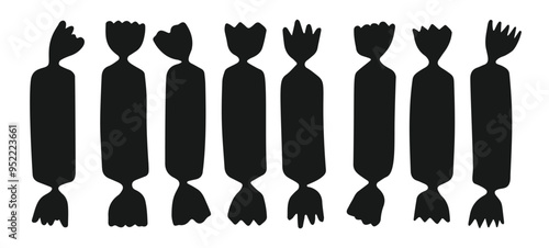 Wrapped hand drawn candy silhouette symbol caramel bonbon lollipop contour childish design shape set