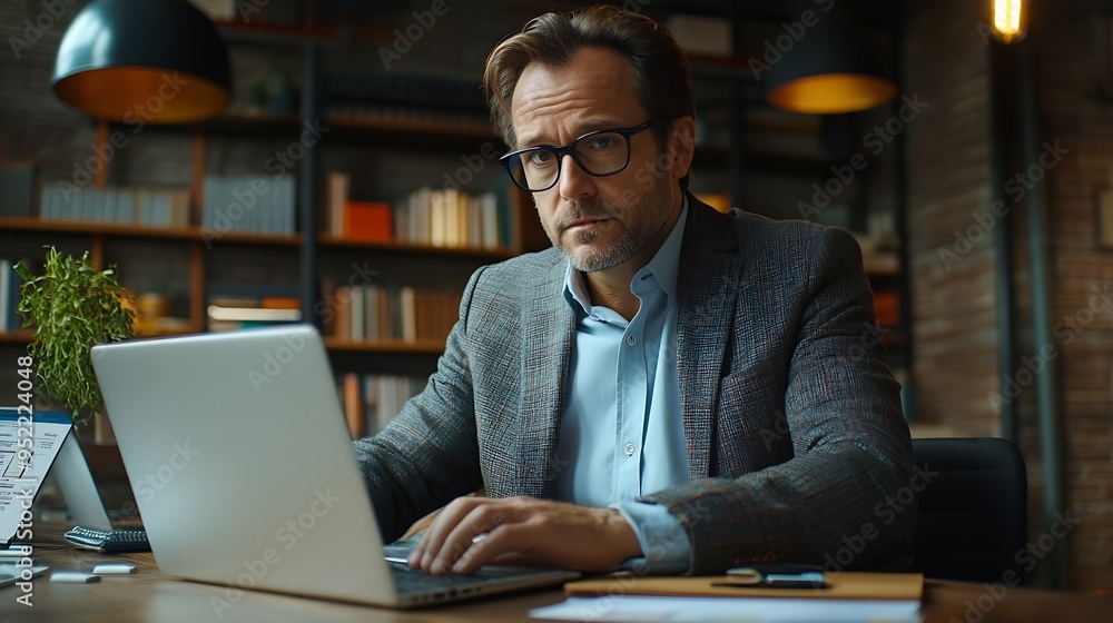 Business accountant working on laptops in the office Man in a suit and glasses sitting at his office desk using two notebook computers working with data sheets and checking information : Generative AI Business accountant working on laptops in the office Man in a suit and glasses sitting at his office desk using two notebook computers working with data sheets and checking information : Generative AI