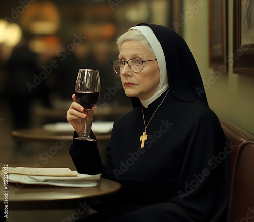 Mother superior catholic nun drinking red wine in a bar. Wearing a habit, cross and glasses.