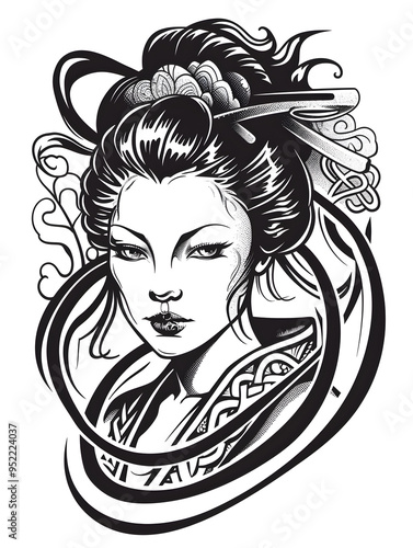 Japanese geisha head very simple traditional tattoo flash styles illustration