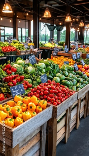 A busy farmer market with various stalls selling fresh produce