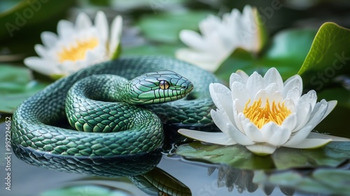 Detailed green snake and wa...