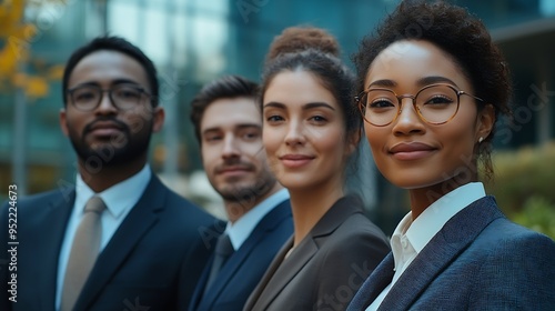 Multiracial group of business people bonding outdoors International business corporate team wearing elegant suit meeting in a business park : Generative AI