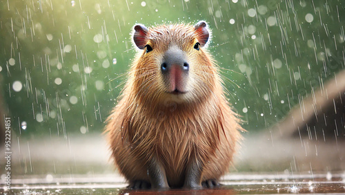 capybara sitting happily in a light spring rain, with blurred raindrops in the background.