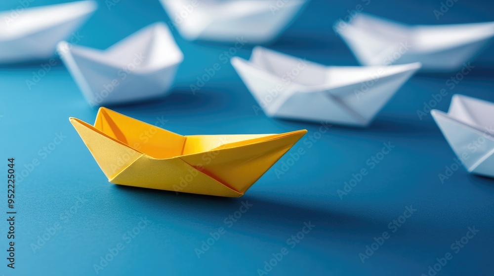 Yellow paper boat stands out from a sea of white boats on a blue background. Yellow paper boat stands out from a sea of white boats on a blue background.
