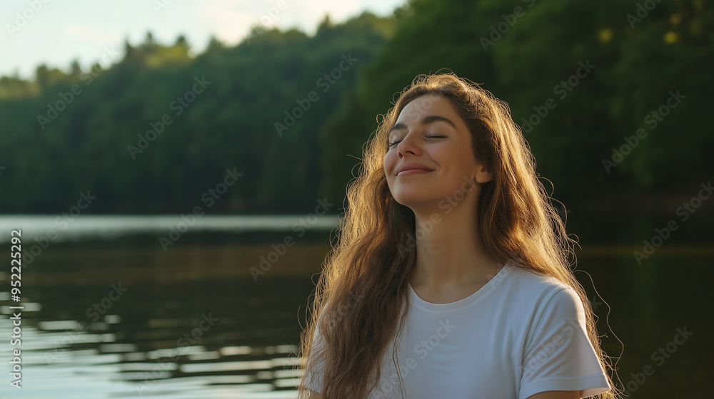 Φωτογραφία A young woman at a serene lakeside retreat, smiling peacefully as she gazes at the water, symbolizing her journey of healing and the calm she has found within herself