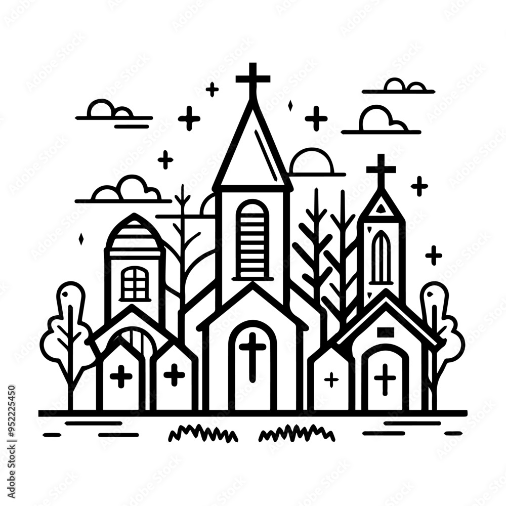 cemetery icon or modern line symbol. Vector line art and icon design with bold outline. Black and white Pixel Perfect minimalistic symbol isolated white background. Silhouette simple thin sign cemetery icon or modern line symbol. Vector line art and icon design with bold outline. Black and white Pixel Perfect minimalistic symbol isolated white background. Silhouette simple thin sign