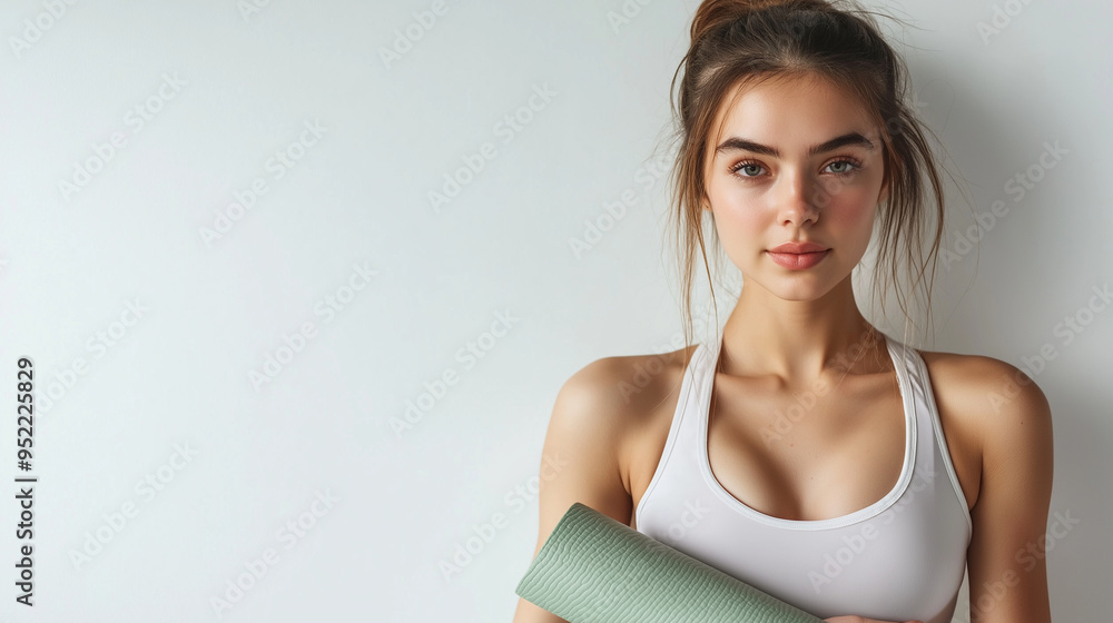 A young woman holding a yoga mat, standing on a plain white background, symbolizing health and wellness, with space for promotional text. A young woman holding a yoga mat, standing on a plain white background, symbolizing health and wellness, with space for promotional text.