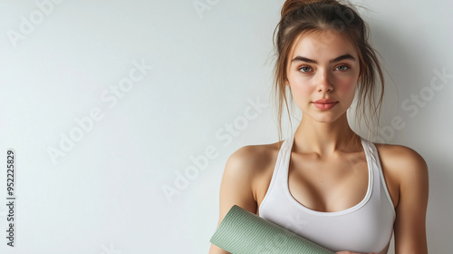 A young woman holding a yoga mat, standing on a plain white background, symbolizing health and wellness, with space for promotional text.