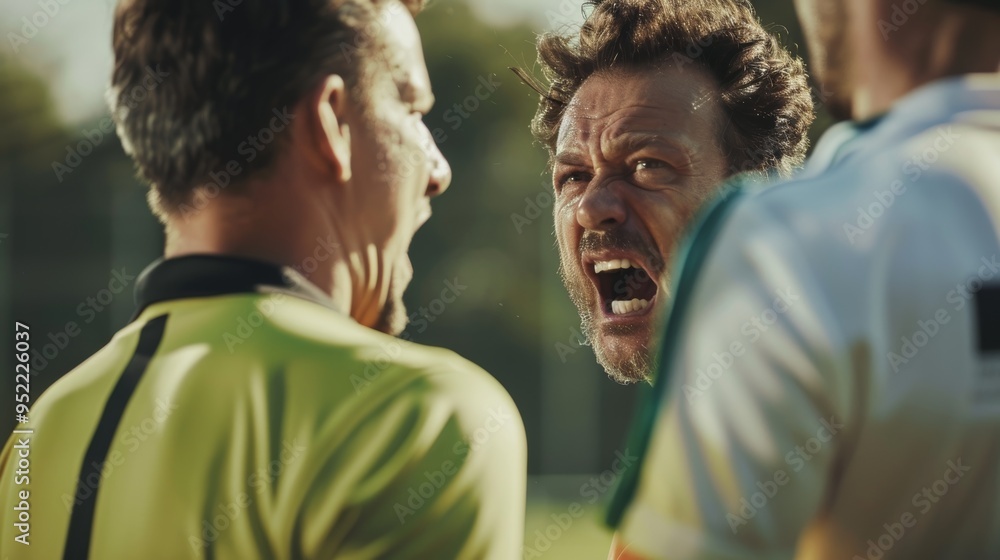 Tense Soccer Match with Player Arguing with Referee Over Controversial Call Tense Soccer Match with Player Arguing with Referee Over Controversial Call