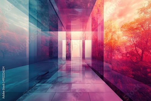 Abstract Corridor with a Sunset View Through Glass Walls