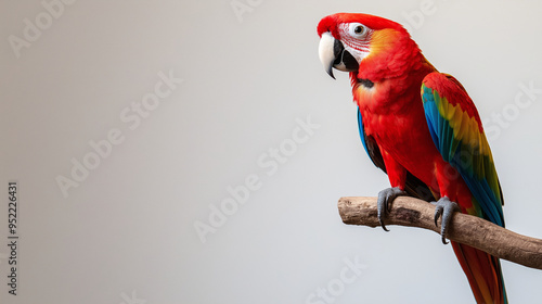 A vibrant tropical parrot perched on a branch against a plain white background, perfect for exotic wildlife promotions with space for a headline. photo