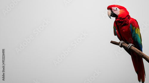 A vibrant tropical parrot perched on a branch against a plain white background, perfect for exotic wildlife promotions with space for a headline. photo