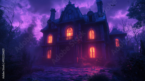 Eerie Haunted Mansion with Creepy Shadows and Glowing Windows 