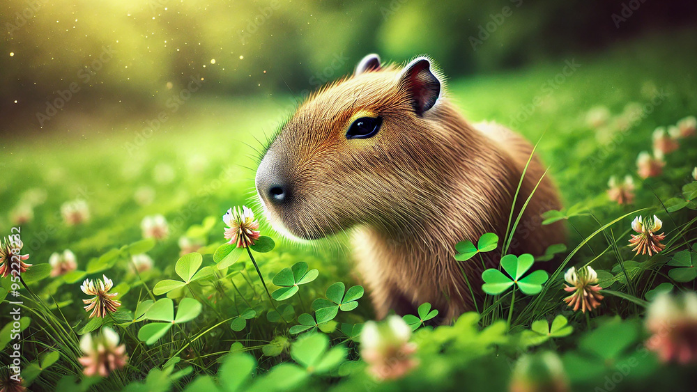 capybara as it curiously inspects a patch of clover capybara as it curiously inspects a patch of clover