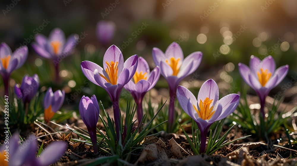 Wild purple crocus blooming in spring field. Crocus heuffelianus or saffron flowers. Springtime landscape. Wild purple crocus blooming in spring field. Crocus heuffelianus or saffron flowers. Springtime landscape.