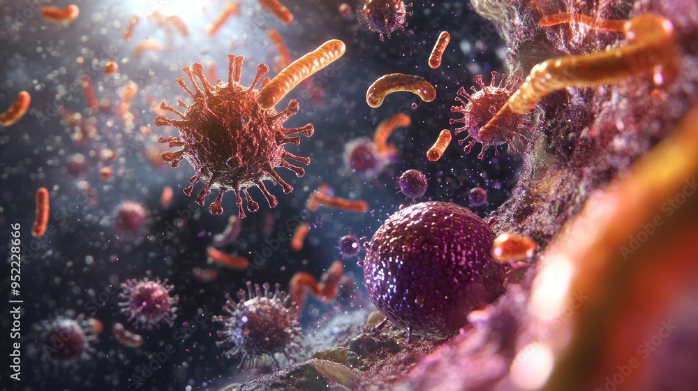 Detailed 3D render of various pathogenic cells, including infectious bacteria and viruses, with an area for text overlay. Detailed 3D render of various pathogenic cells, including infectious bacteria and viruses, with an area for text overlay.