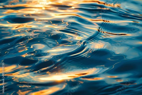 reflection of the setting sun on the water surface, golden light, ripples and waves on a dark background, top view. Abstract texture for design, print or wallpaper