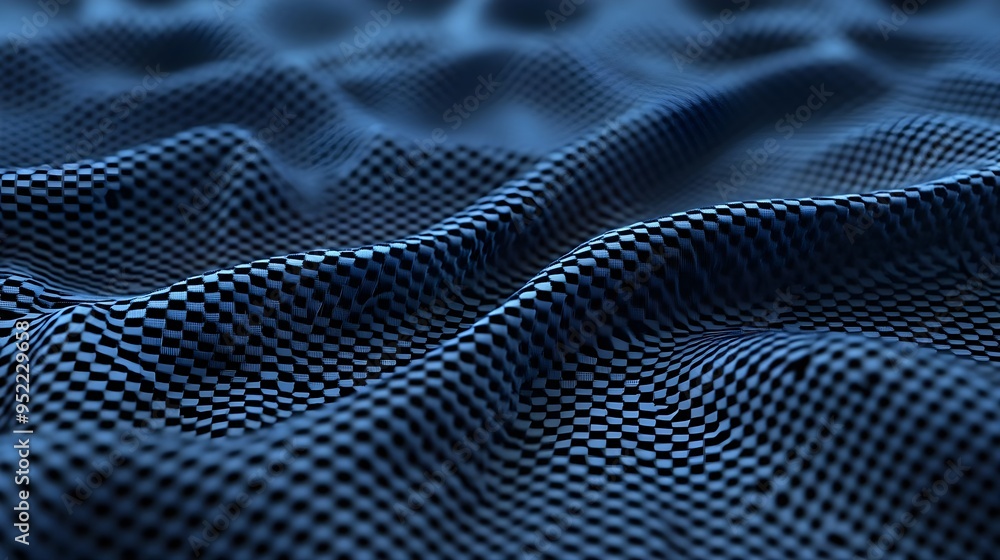 Close-up of textured fabric with a wavy pattern in deep blue tones, creating a sophisticated and modern visual appeal. Close-up of textured fabric with a wavy pattern in deep blue tones, creating a sophisticated and modern visual appeal.