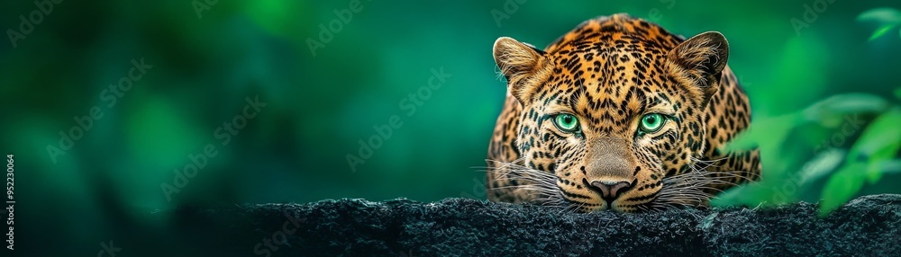 Obraz premium A striking close-up of a leopard peering curiously, showcasing its vibrant fur and intense gaze against a lush green background.