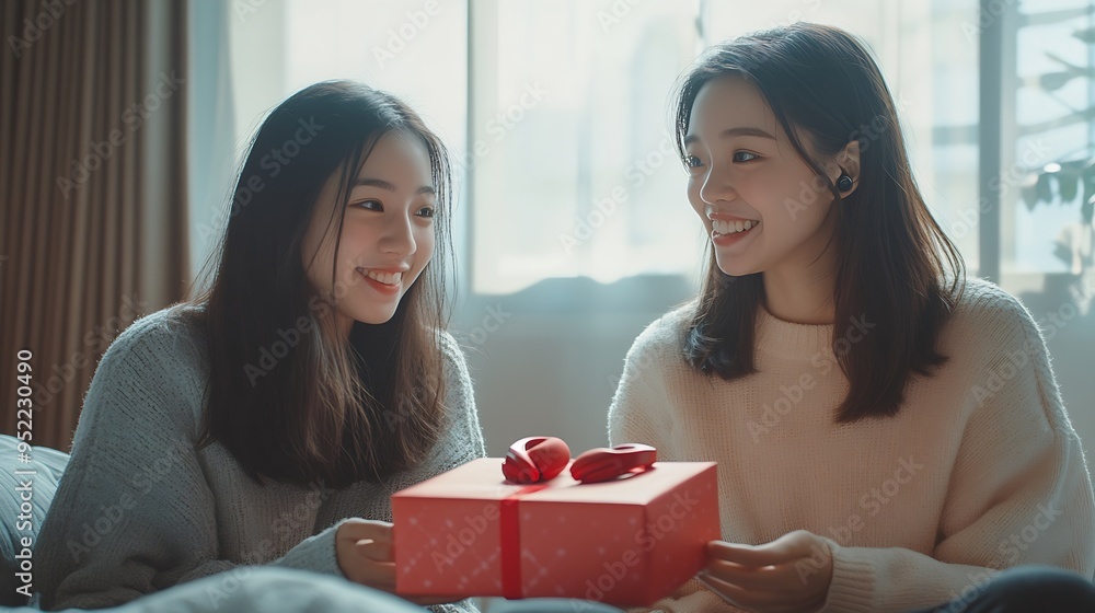 Two young Asian roommates sitting on the bed opening birthday presents very happy young friend receives a gift of red headphones in the apartment bedroom : Generative AI Two young Asian roommates sitting on the bed opening birthday presents very happy young friend receives a gift of red headphones in the apartment bedroom : Generative AI