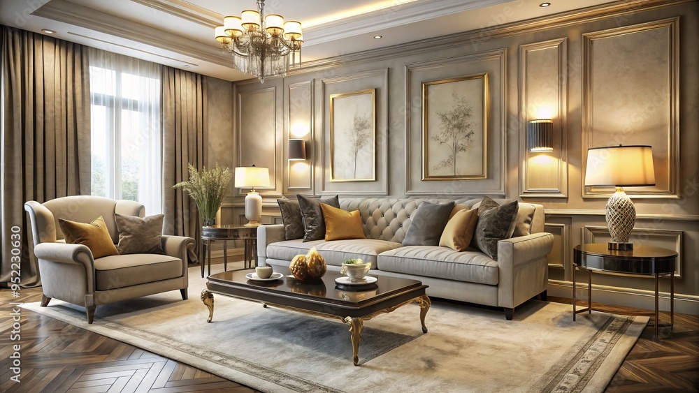 Elegant sitting area embodies understated sophistication, featuring plush cream sofa, velvet armchair, and marble coffee table against golden glow, subtle silver accents, and plush beige carpet. Elegant sitting area embodies understated sophistication, featuring plush cream sofa, velvet armchair, and marble coffee table against golden glow, subtle silver accents, and plush beige carpet.