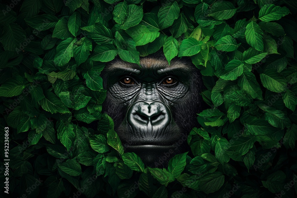 A striking gorilla face peeking through lush green leaves, showcasing nature's beauty and wildlife's majesty. A striking gorilla face peeking through lush green leaves, showcasing nature's beauty and wildlife's majesty.