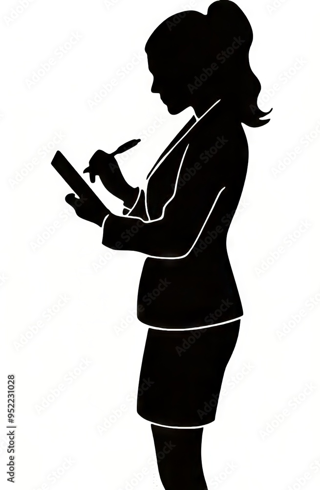 Silhouette of a professional woman jotting down notes in a business suit. Silhouette of a professional woman jotting down notes in a business suit.