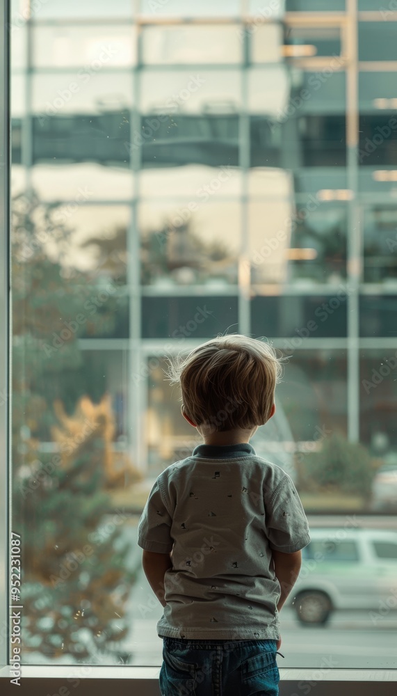 Young Boy Longing Outside Hospital Window - Emotional Distance, Family, Love, Care Young Boy Longing Outside Hospital Window - Emotional Distance, Family, Love, Care